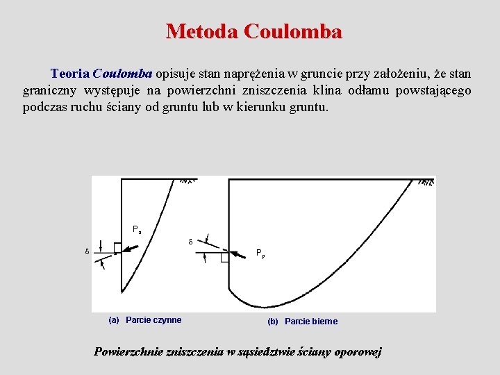 Metoda Coulomba Teoria Coulomba opisuje stan naprężenia w gruncie przy założeniu, że stan graniczny Metoda Coulomba Teoria Coulomba opisuje stan naprężenia w gruncie przy założeniu, że stan graniczny