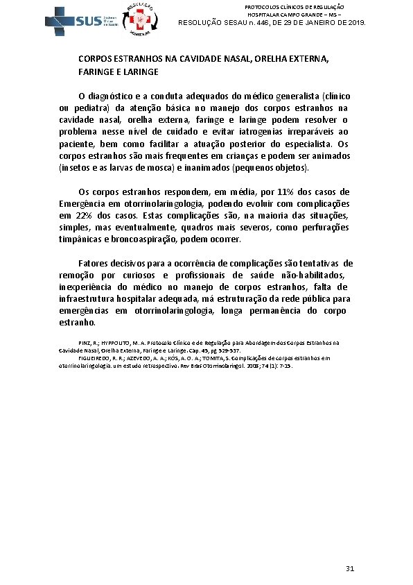 PROTOCOLOS CLÍNICOS DE REGULAÇÃO HOSPITALAR CAMPO GRANDE – MS – RESOLUÇÃO SESAU n. 446,