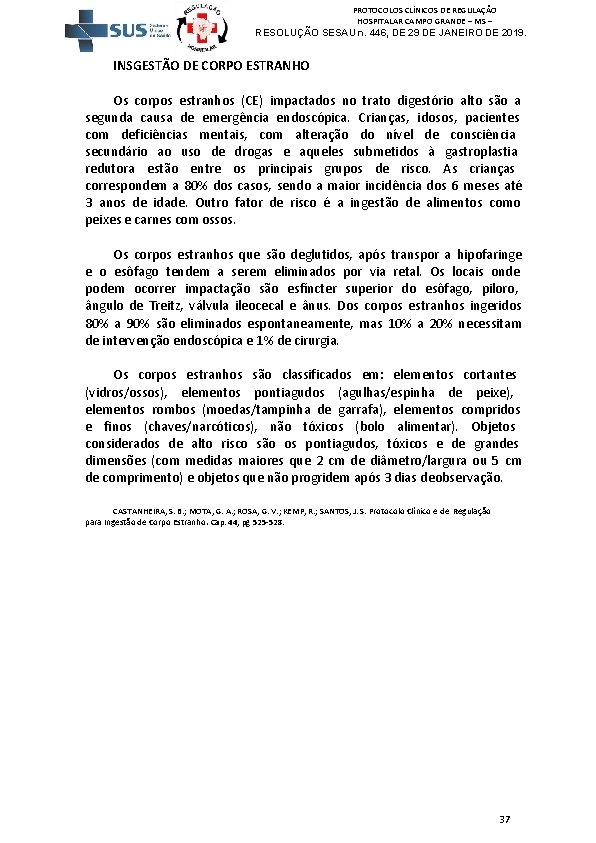 PROTOCOLOS CLÍNICOS DE REGULAÇÃO HOSPITALAR CAMPO GRANDE – MS – RESOLUÇÃO SESAU n. 446,