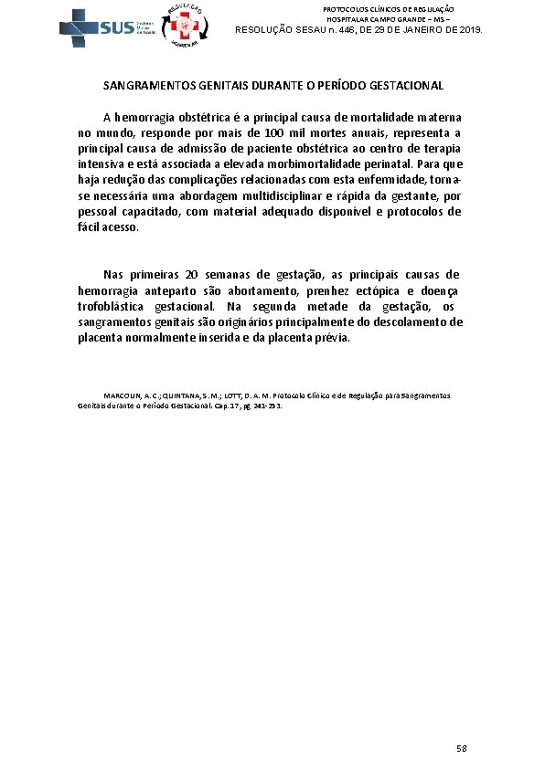 PROTOCOLOS CLÍNICOS DE REGULAÇÃO HOSPITALAR CAMPO GRANDE – MS – RESOLUÇÃO SESAU n. 446,