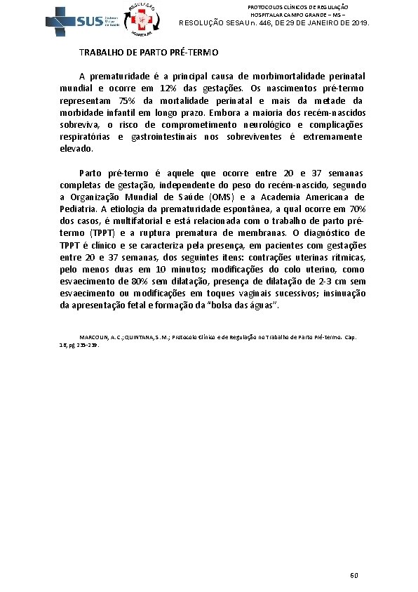 PROTOCOLOS CLÍNICOS DE REGULAÇÃO HOSPITALAR CAMPO GRANDE – MS – RESOLUÇÃO SESAU n. 446,