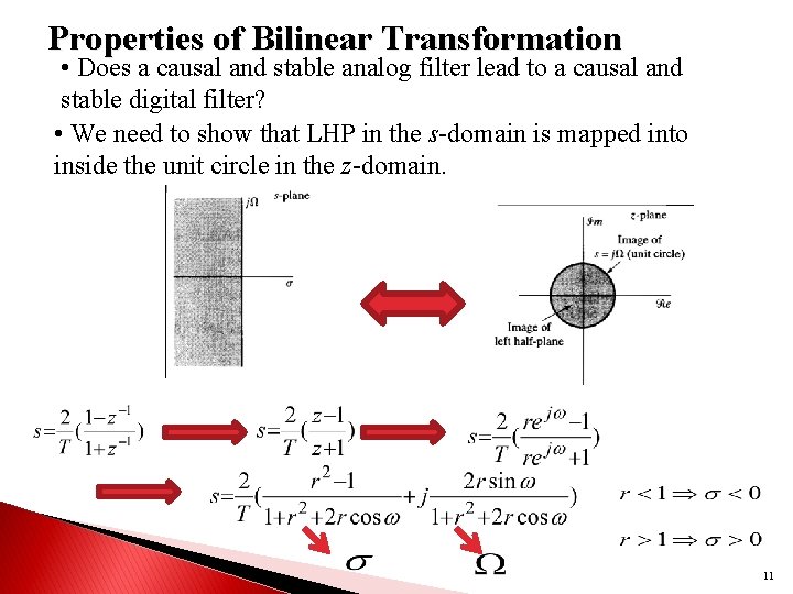 Properties of Bilinear Transformation • Does a causal and stable analog filter lead to