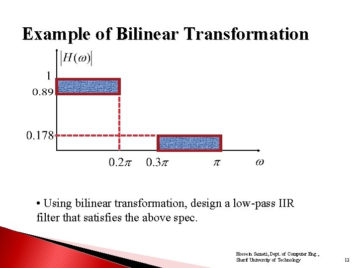 Example of Bilinear Transformation • Using bilinear transformation, design a low-pass IIR filter that