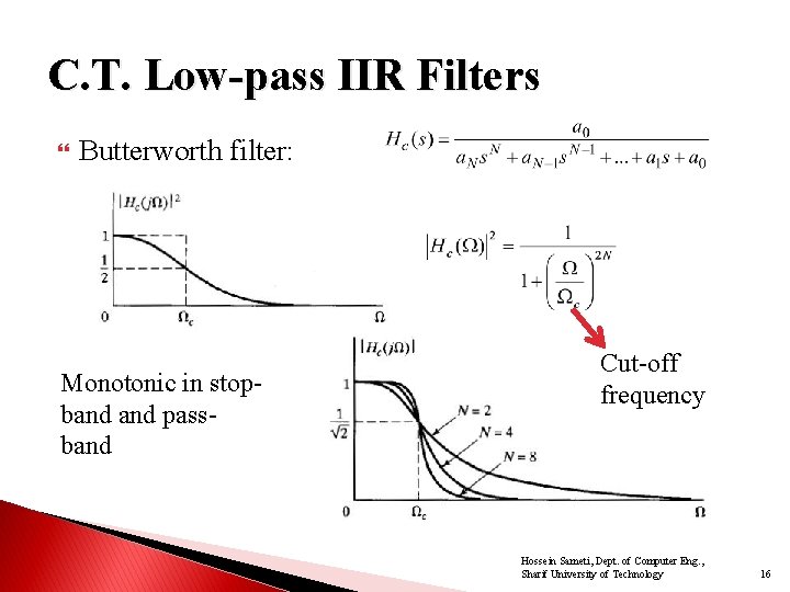 C. T. Low-pass IIR Filters Butterworth filter: Monotonic in stopband passband Cut-off frequency Hossein