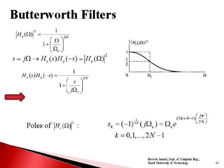 Butterworth Filters Poles of : Hossein Sameti, Dept. of Computer Eng. , Sharif University