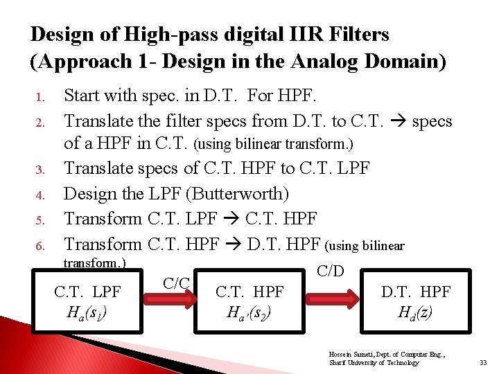 Design of High-pass digital IIR Filters (Approach 1 - Design in the Analog Domain)