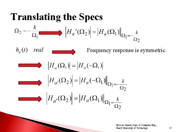 Translating the Specs Frequency response is symmetric. Hossein Sameti, Dept. of Computer Eng. ,