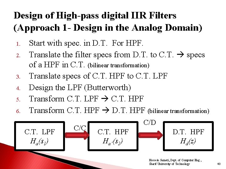 Design of High-pass digital IIR Filters (Approach 1 - Design in the Analog Domain)