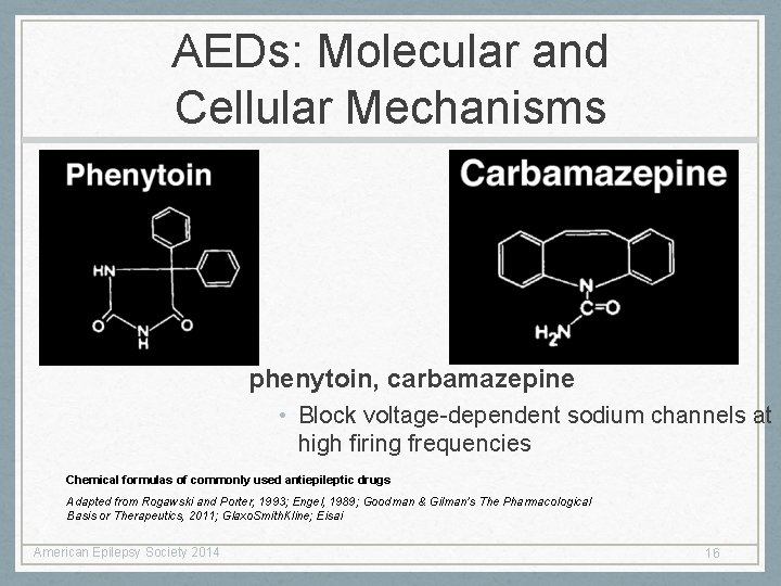 AEDs: Molecular and Cellular Mechanisms phenytoin, carbamazepine • Block voltage-dependent sodium channels at high