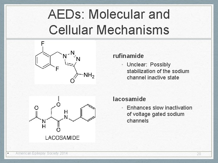 AEDs: Molecular and Cellular Mechanisms rufinamide • Unclear: Possibly stabilization of the sodium channel AEDs: Molecular and Cellular Mechanisms rufinamide • Unclear: Possibly stabilization of the sodium channel