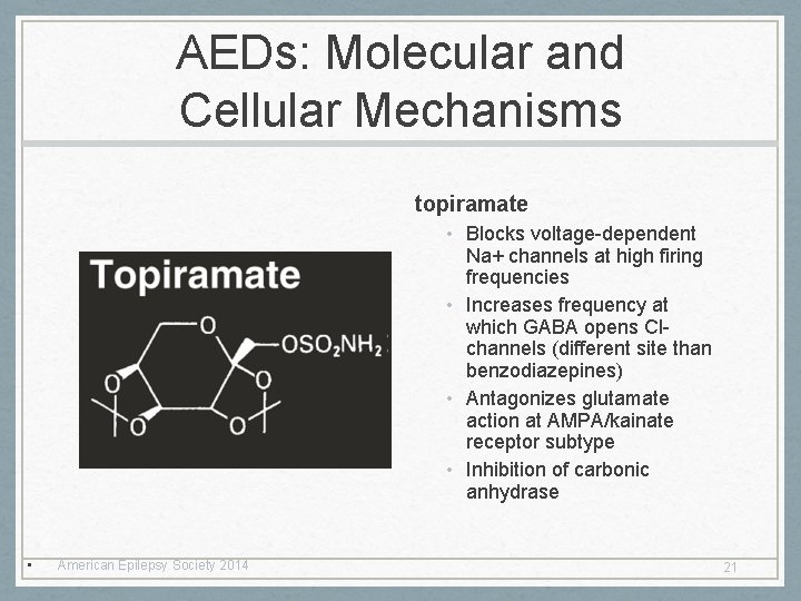 AEDs: Molecular and Cellular Mechanisms topiramate • Blocks voltage-dependent Na+ channels at high firing