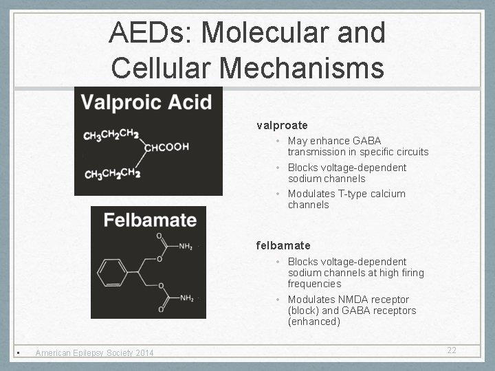 AEDs: Molecular and Cellular Mechanisms valproate • May enhance GABA transmission in specific circuits