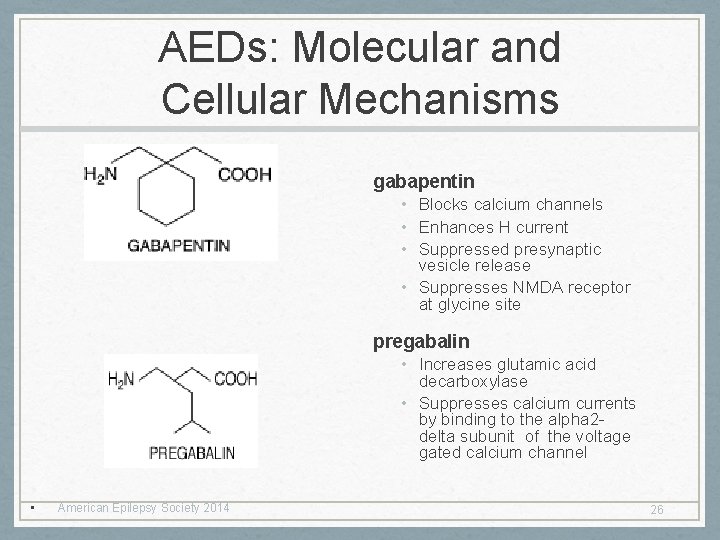 AEDs: Molecular and Cellular Mechanisms gabapentin • Blocks calcium channels • Enhances H current