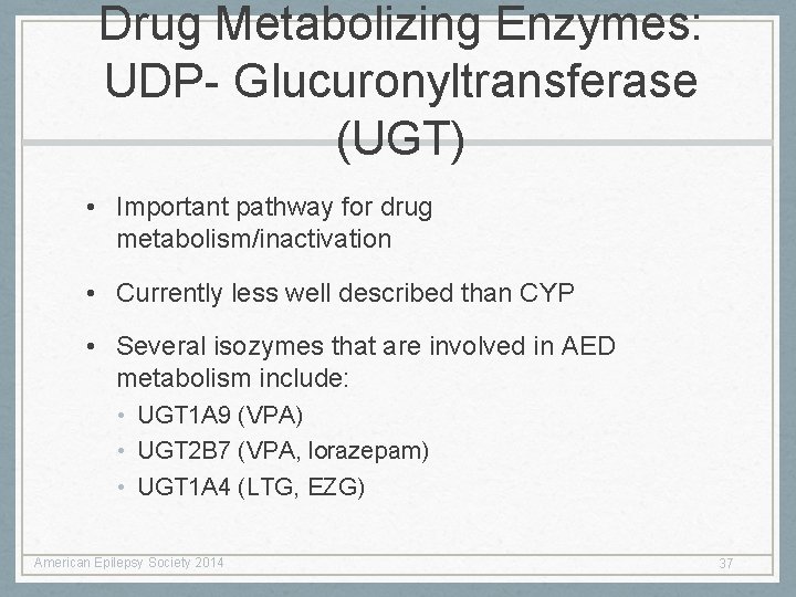 Drug Metabolizing Enzymes: UDP- Glucuronyltransferase (UGT) • Important pathway for drug metabolism/inactivation • Currently Drug Metabolizing Enzymes: UDP- Glucuronyltransferase (UGT) • Important pathway for drug metabolism/inactivation • Currently