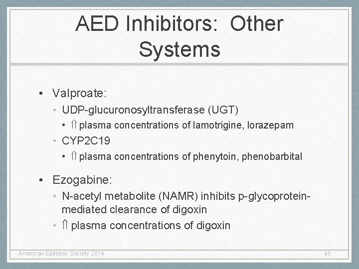 AED Inhibitors: Other Systems • Valproate: • UDP-glucuronosyltransferase (UGT) • plasma concentrations of lamotrigine, AED Inhibitors: Other Systems • Valproate: • UDP-glucuronosyltransferase (UGT) • plasma concentrations of lamotrigine,