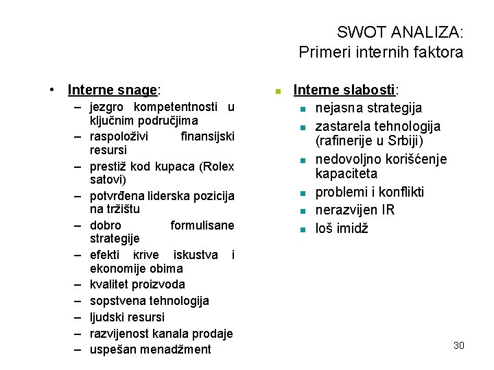 SWOT ANALIZA: Primeri internih faktora • Interne snage: – jezgro kompetentnosti u ključnim područjima