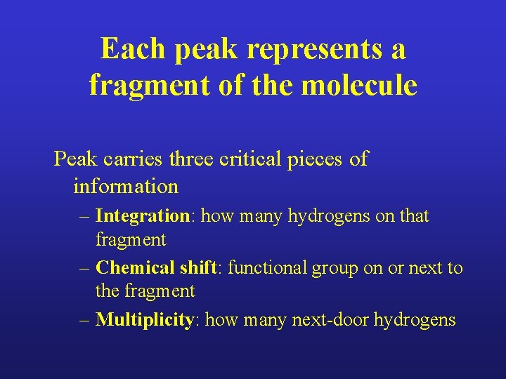 Each peak represents a fragment of the molecule Peak carries three critical pieces of