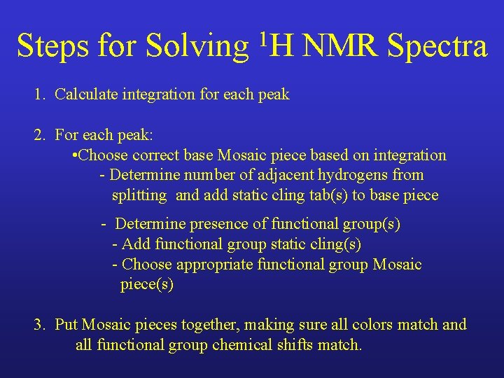 Steps for Solving 1 H NMR Spectra 1. Calculate integration for each peak 2. Steps for Solving 1 H NMR Spectra 1. Calculate integration for each peak 2.