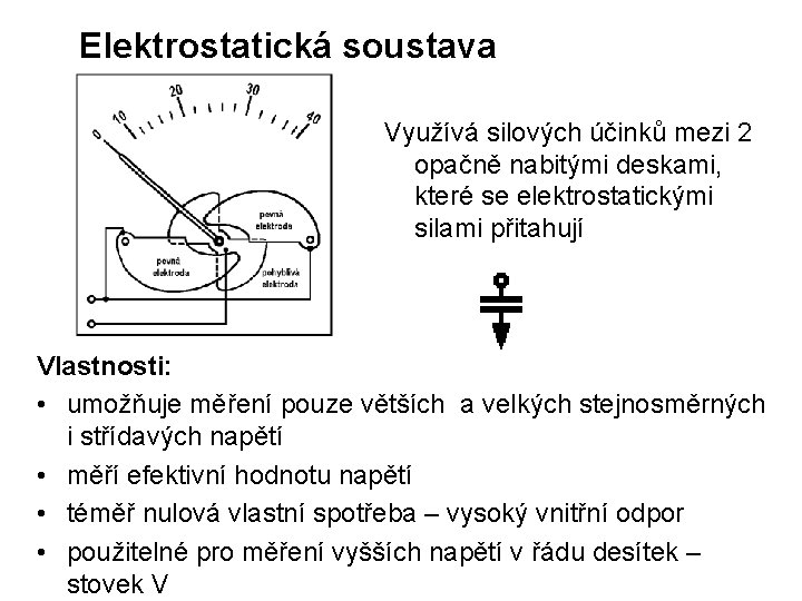 Elektrostatická soustava Využívá silových účinků mezi 2 opačně nabitými deskami, které se elektrostatickými silami