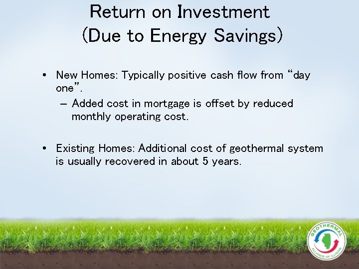 Return on Investment (Due to Energy Savings) • New Homes: Typically positive cash flow