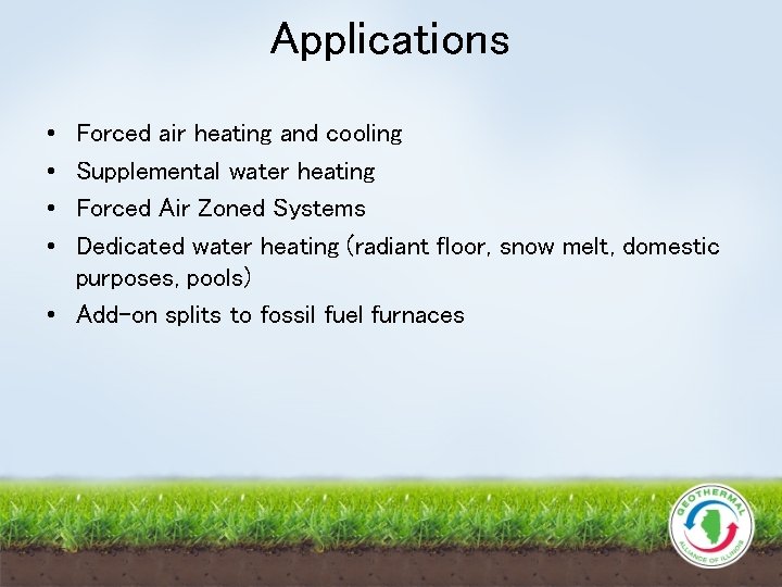 Applications • • Forced air heating and cooling Supplemental water heating Forced Air Zoned