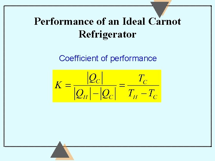 Performance of an Ideal Carnot Refrigerator Coefficient of performance 