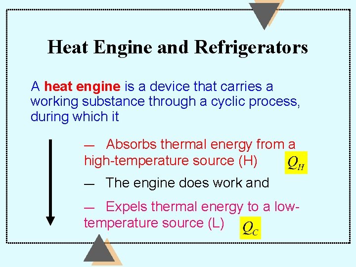 Heat Engine and Refrigerators A heat engine is a device that carries a working