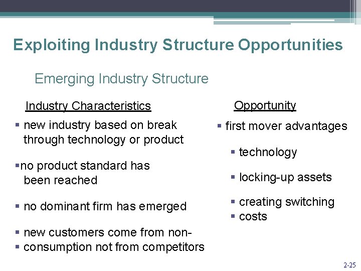 Exploiting Industry Structure Opportunities Emerging Industry Structure Industry Characteristics § new industry based on