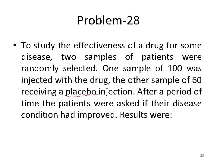 Problem-28 • To study the effectiveness of a drug for some disease, two samples