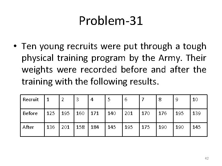 Problem-31 • Ten young recruits were put through a tough physical training program by