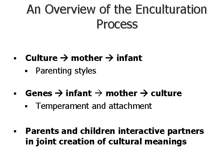 An Overview of the Enculturation Process § Culture mother infant § Parenting styles §