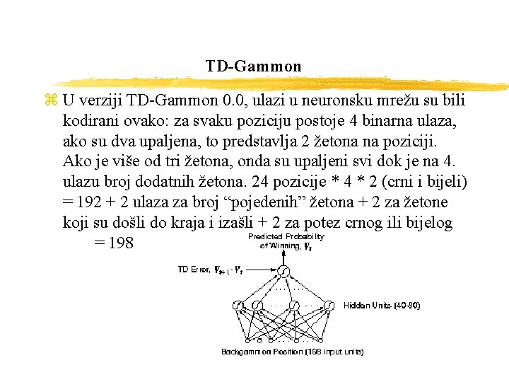 TD-Gammon z U verziji TD-Gammon 0. 0, ulazi u neuronsku mrežu su bili kodirani