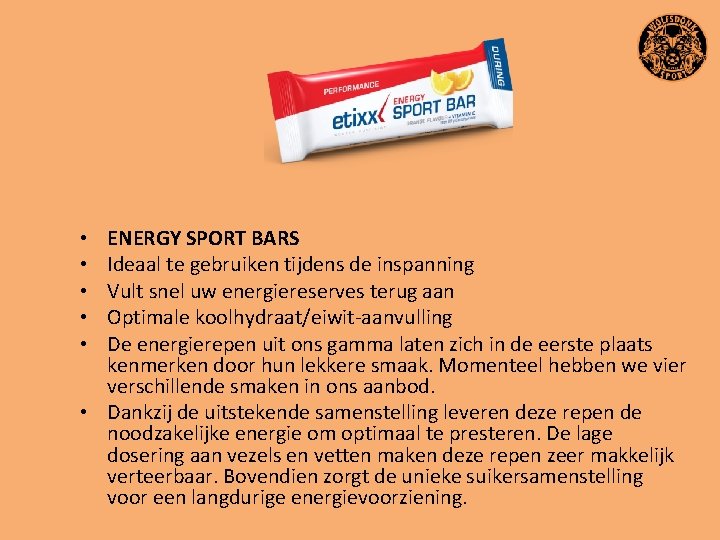 ENERGY SPORT BARS Ideaal te gebruiken tijdens de inspanning Vult snel uw energiereserves terug