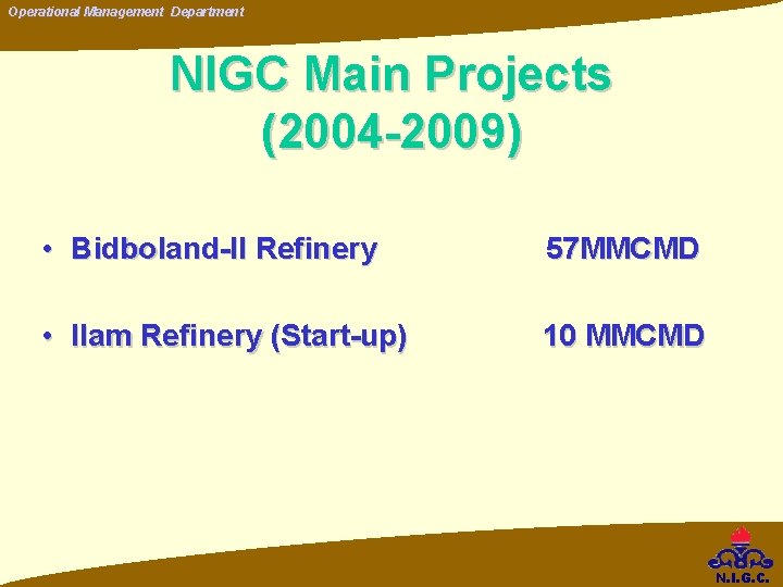 Operational Management Department NIGC Main Projects (2004 -2009) • Bidboland-II Refinery 57 MMCMD • Operational Management Department NIGC Main Projects (2004 -2009) • Bidboland-II Refinery 57 MMCMD •