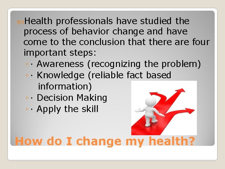  Health professionals have studied the process of behavior change and have come to