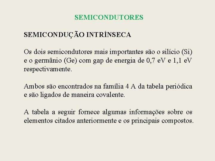 SEMICONDUTORES SEMICONDUÇÃO INTRÍNSECA Os dois semicondutores mais importantes são o silício (Si) e o