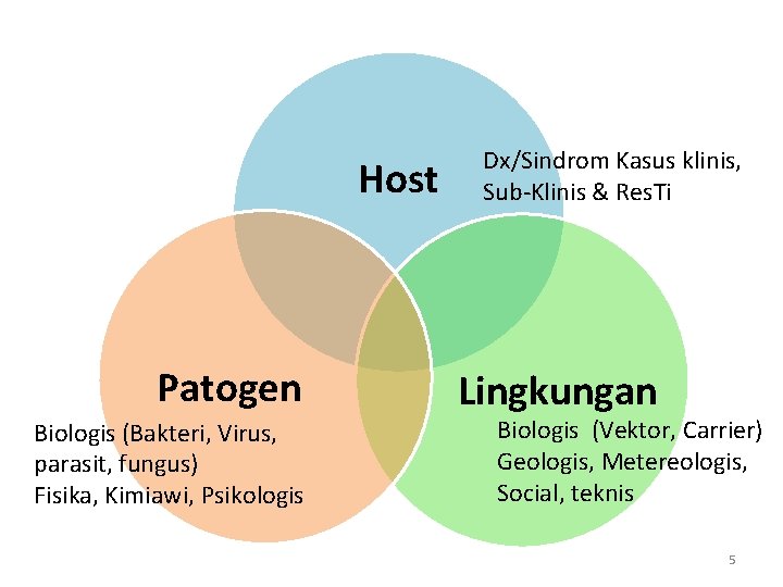 Host Patogen Biologis (Bakteri, Virus, parasit, fungus) Fisika, Kimiawi, Psikologis Dx/Sindrom Kasus klinis, Sub-Klinis