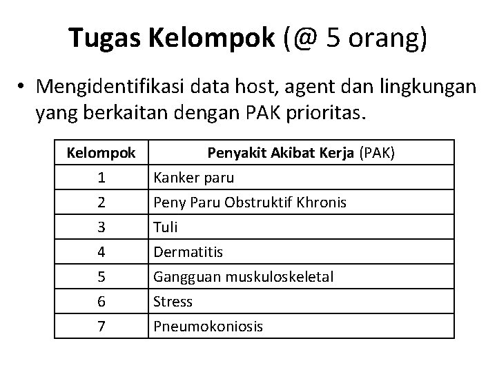 Tugas Kelompok (@ 5 orang) • Mengidentifikasi data host, agent dan lingkungan yang berkaitan