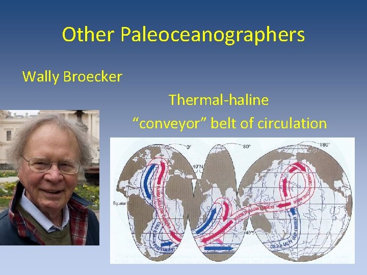Other Paleoceanographers Wally Broecker Thermal-haline “conveyor” belt of circulation Other Paleoceanographers Wally Broecker Thermal-haline “conveyor” belt of circulation