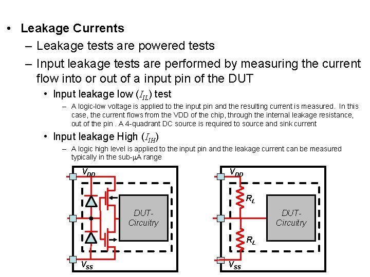  • Leakage Currents – Leakage tests are powered tests – Input leakage tests