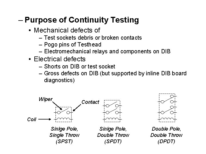 – Purpose of Continuity Testing • Mechanical defects of – Test sockets debris or