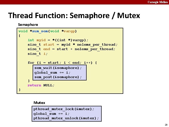 Carnegie Mellon Thread Function: Semaphore / Mutex Semaphore void *sum_sem(void *vargp) { int myid