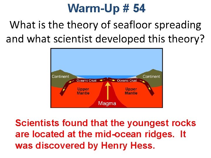 Warm-Up # 54 What is theory of seafloor spreading and what scientist developed this