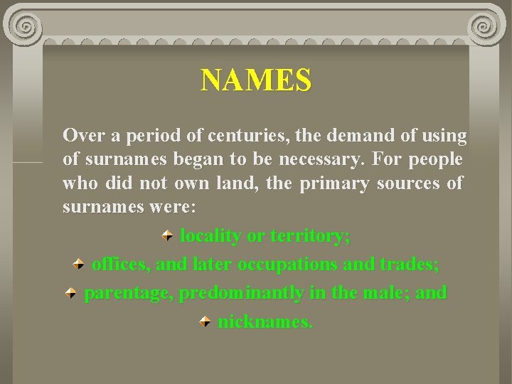 NAMES Over a period of centuries, the demand of using of surnames began to