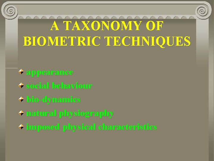 A TAXONOMY OF BIOMETRIC TECHNIQUES appearance social behaviour bio-dynamics natural physiography imposed physical characteristics