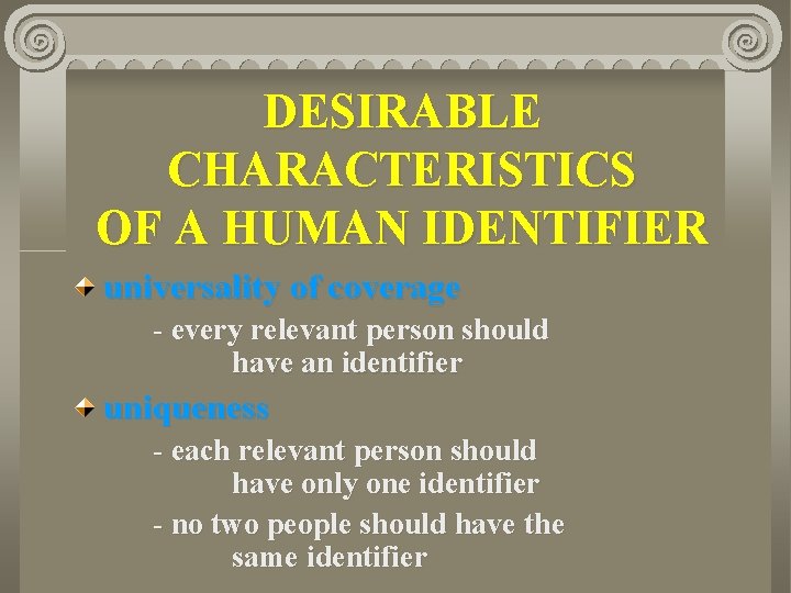 DESIRABLE CHARACTERISTICS OF A HUMAN IDENTIFIER universality of coverage - every relevant person should