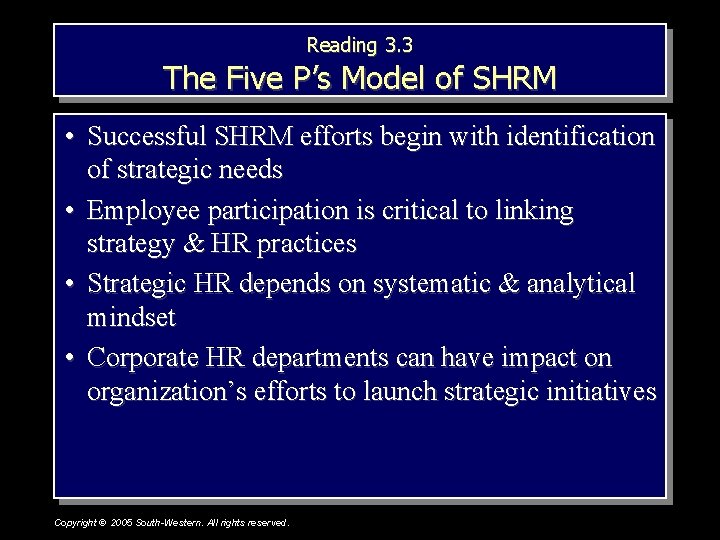 Reading 3. 3 The Five P’s Model of SHRM • Successful SHRM efforts begin