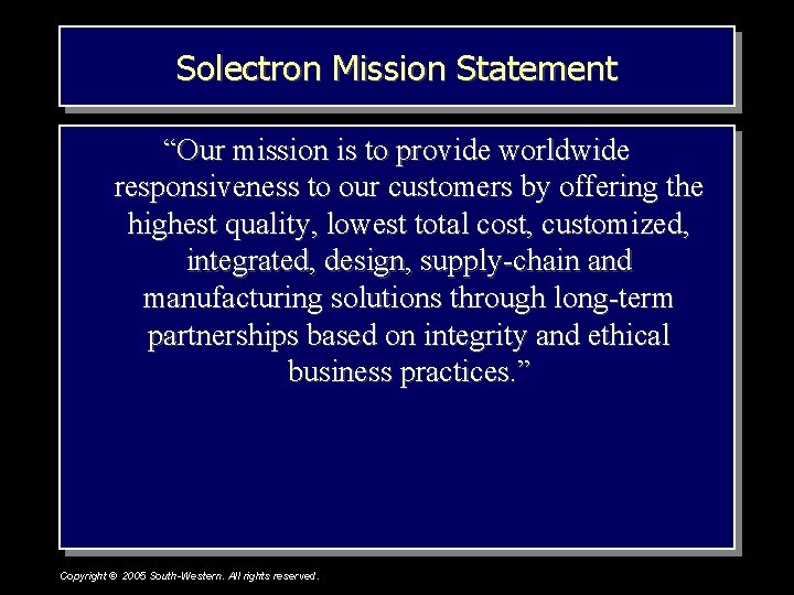 Solectron Mission Statement “Our mission is to provide worldwide responsiveness to our customers by