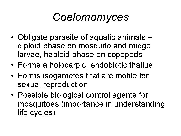 Coelomomyces • Obligate parasite of aquatic animals – diploid phase on mosquito and midge