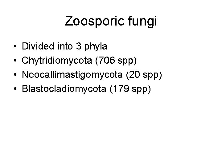 Zoosporic fungi • • Divided into 3 phyla Chytridiomycota (706 spp) Neocallimastigomycota (20 spp)